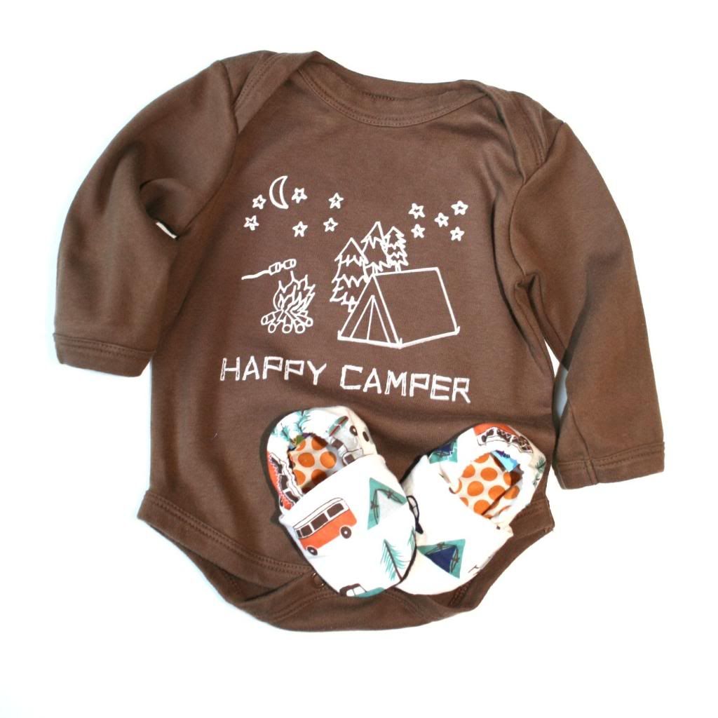 Happy Camper Organic Long Sleeve 0-3 months bodysuit with matching Organic Baby Shoes by Growing Up 