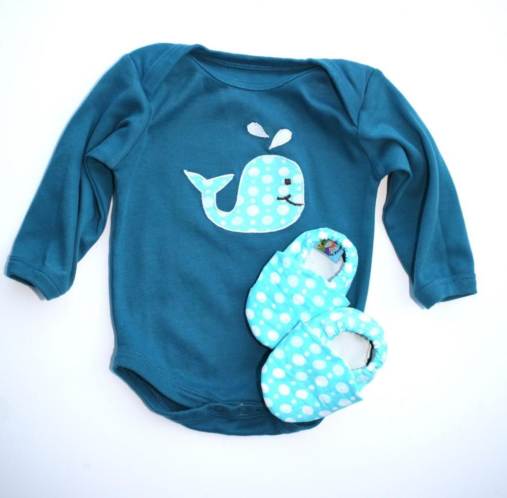 Organic Whale 0-3 months bodysuit with matching Organic Baby Shoes by Growing Up 